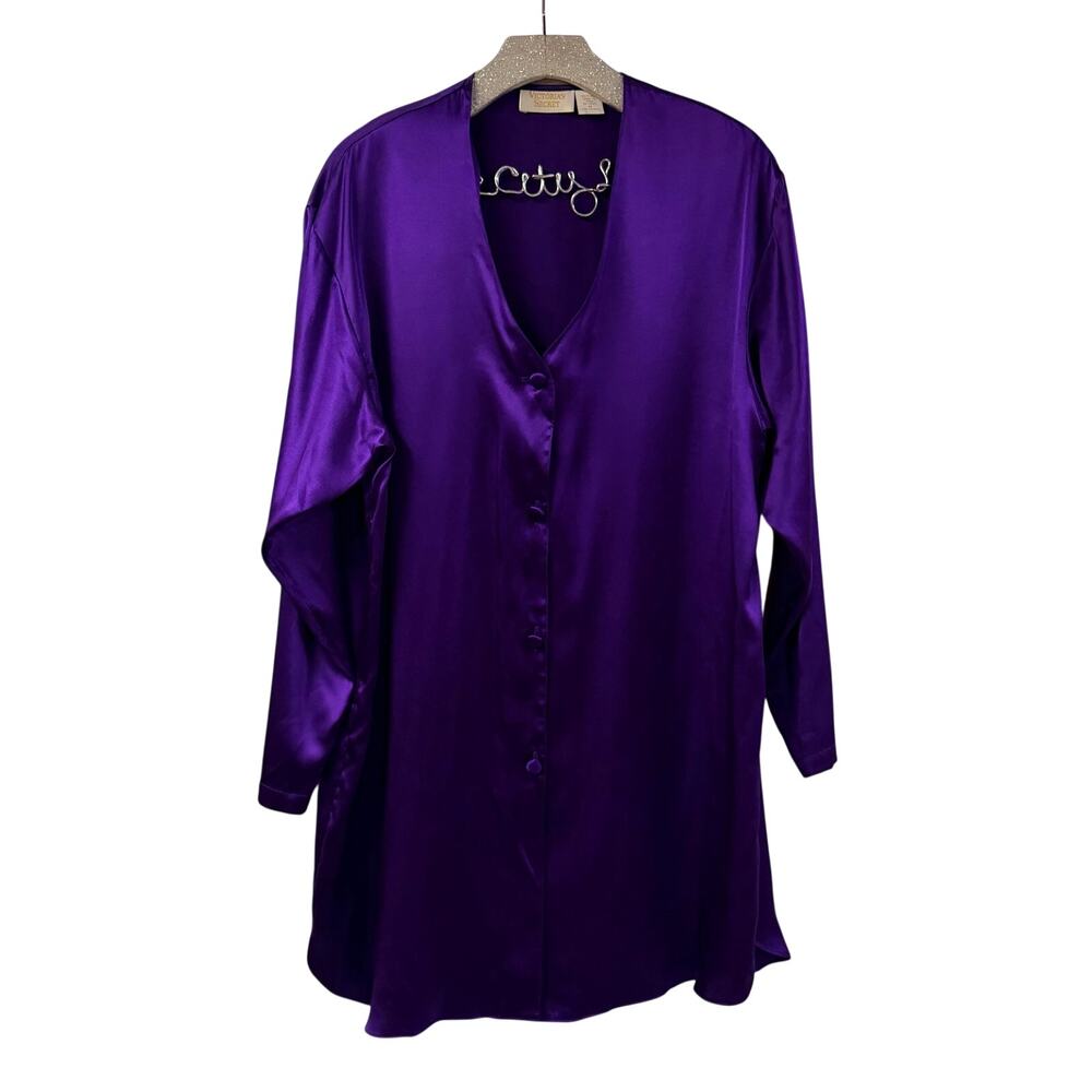 Victorias Secret 100% Silk Shirt Medium V Neck Purple Vintage Shiny Beautiful